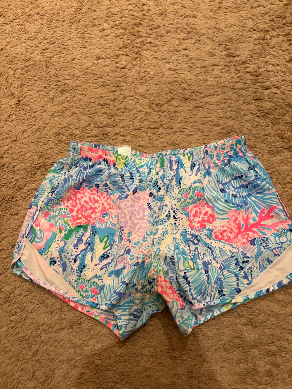 Lilly Pulitzer Neon Coral Blue Tropical Print Athletic Shorts